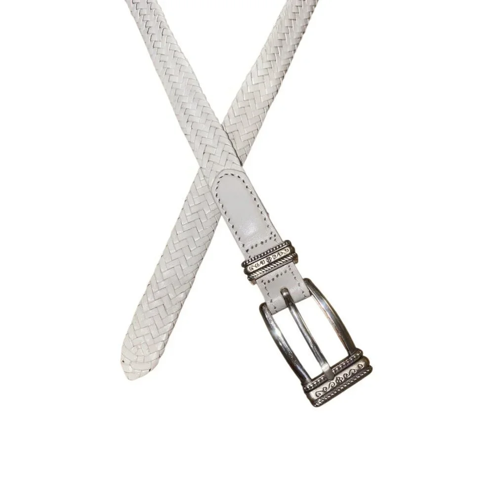 Talbots Women's White Woven Belt Size M Braided Leather Silver Buckle